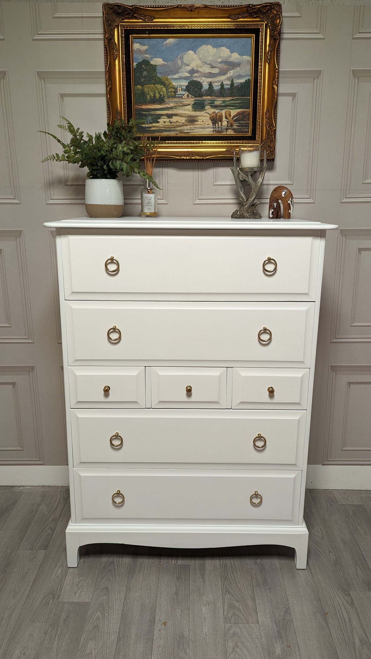 Stag minstrel white tallboy 7 drawer chest of drawers, professionally sprayed white furniture.
