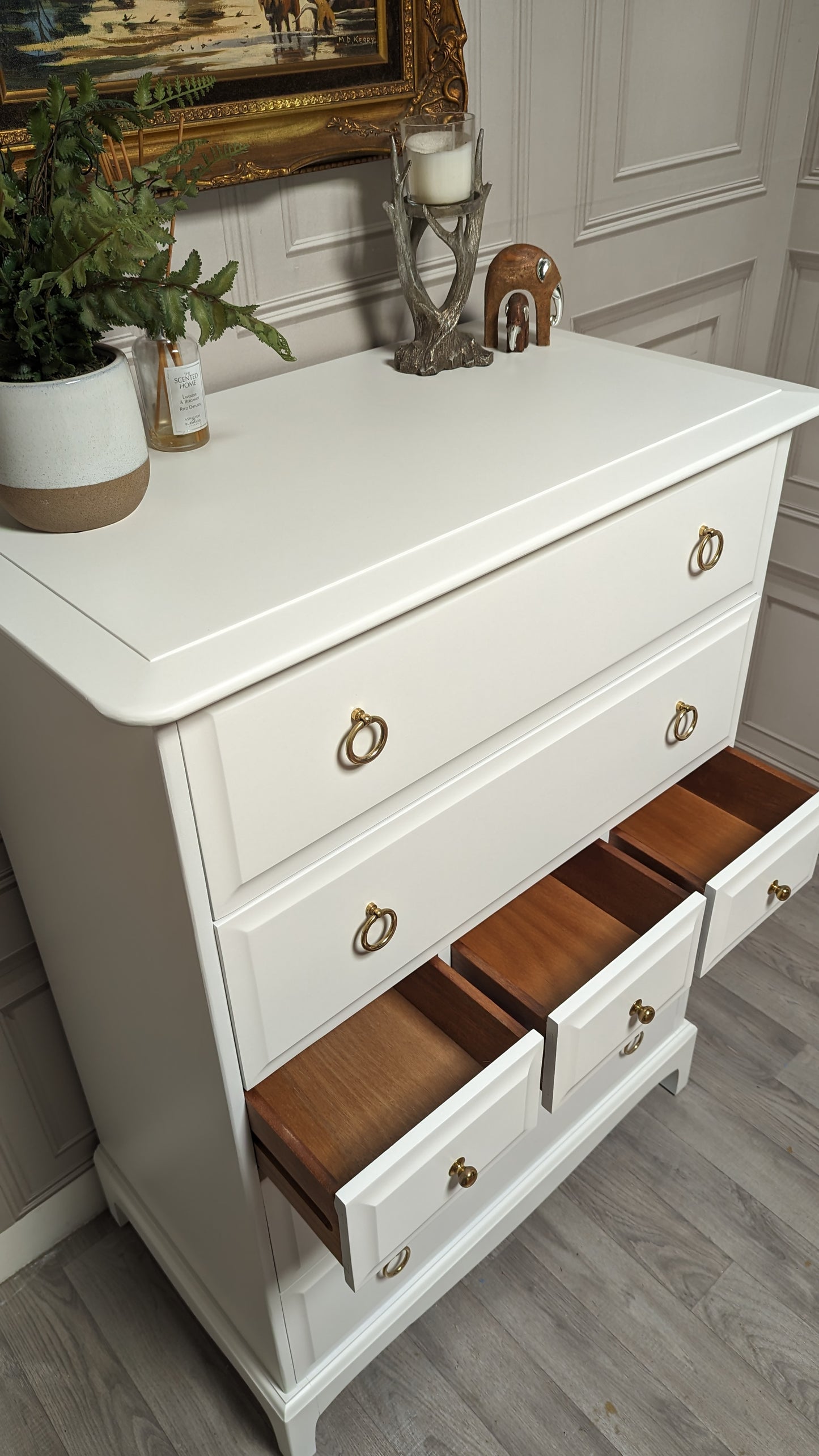 Stag minstrel white tallboy 7 drawer chest of drawers, professionally sprayed white furniture.