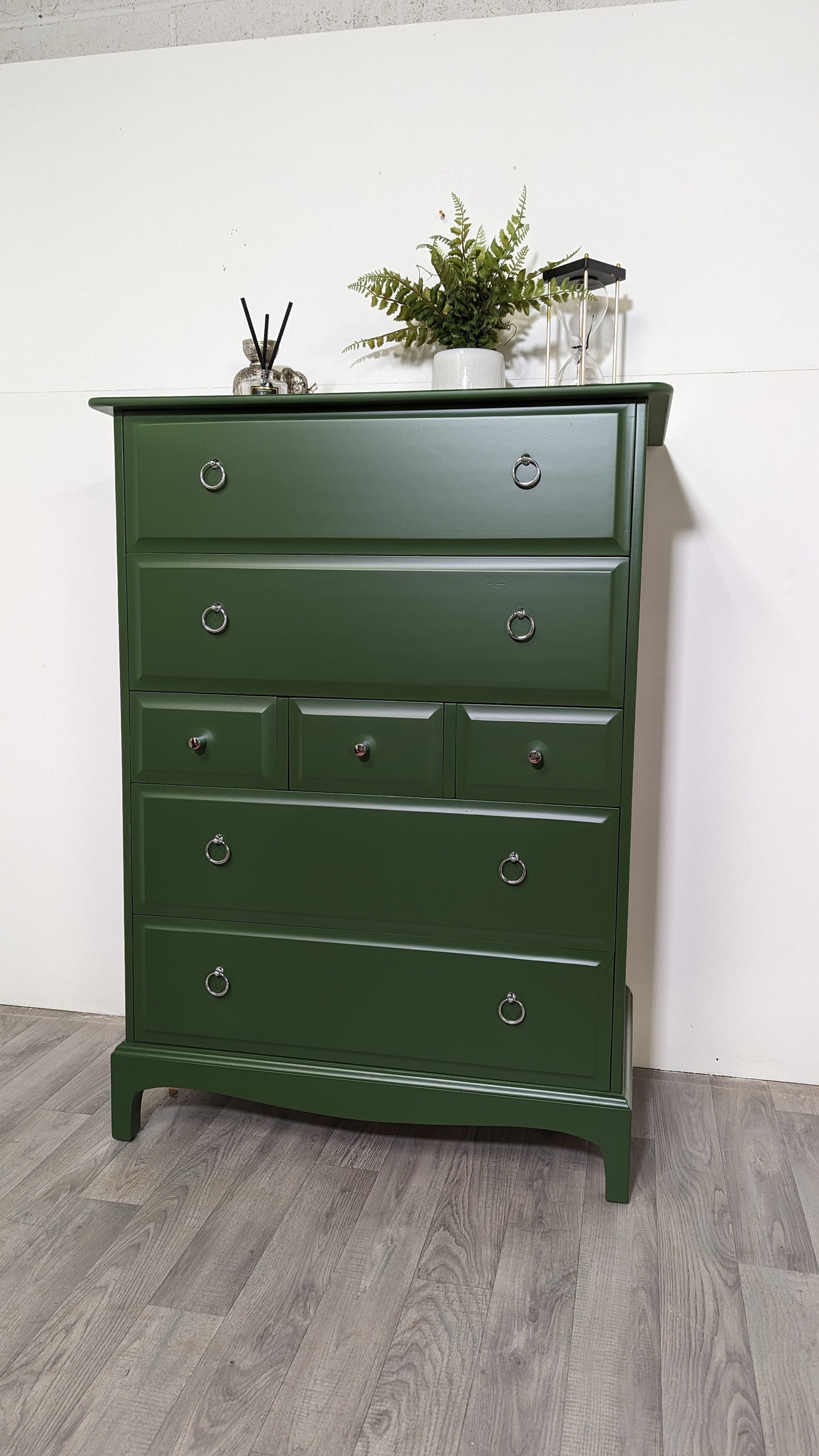 Stag minstrel white tallboy 7 drawer chest of drawers, professionally sprayed green