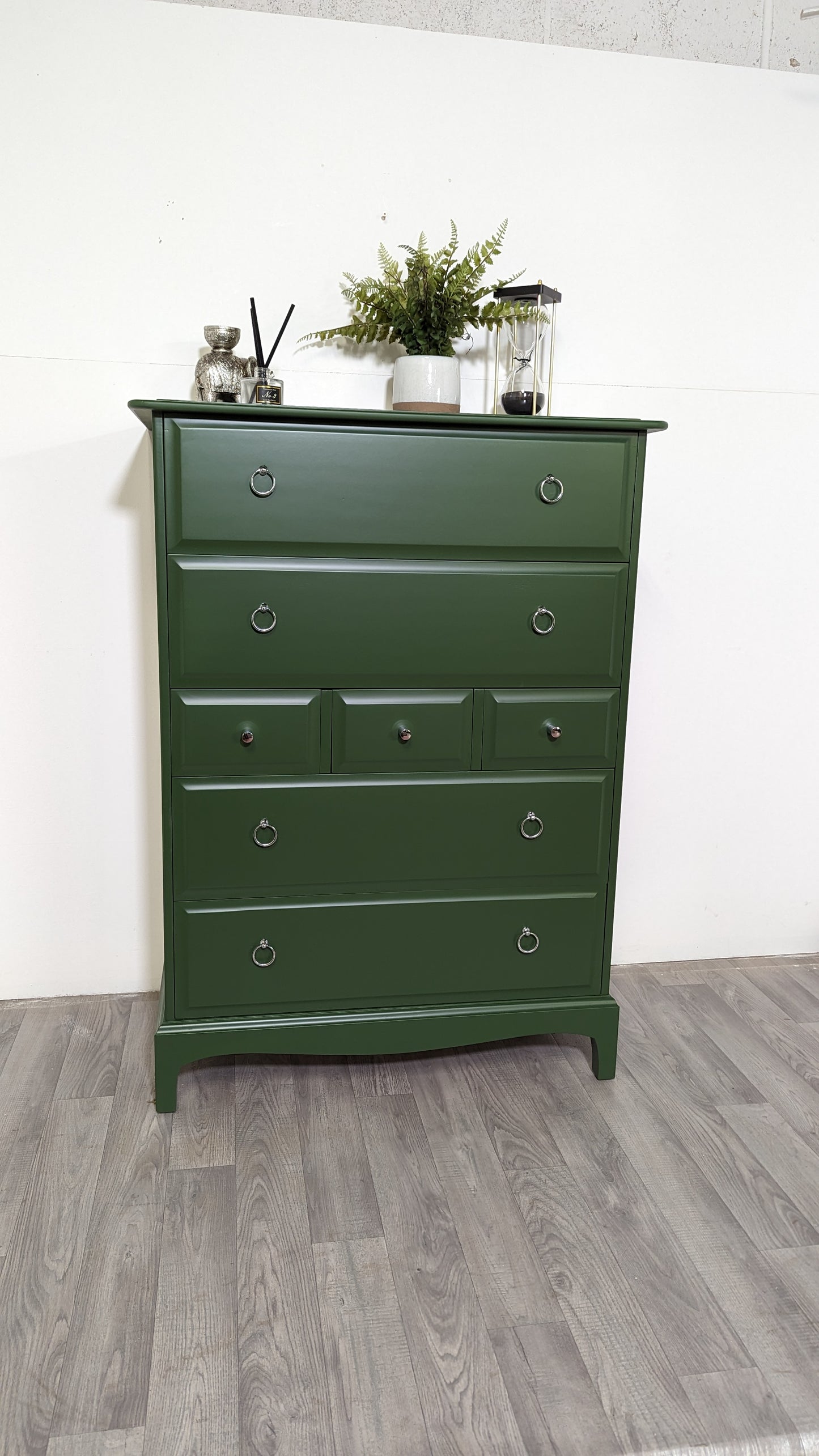 Stag minstrel white tallboy 7 drawer chest of drawers, professionally sprayed green