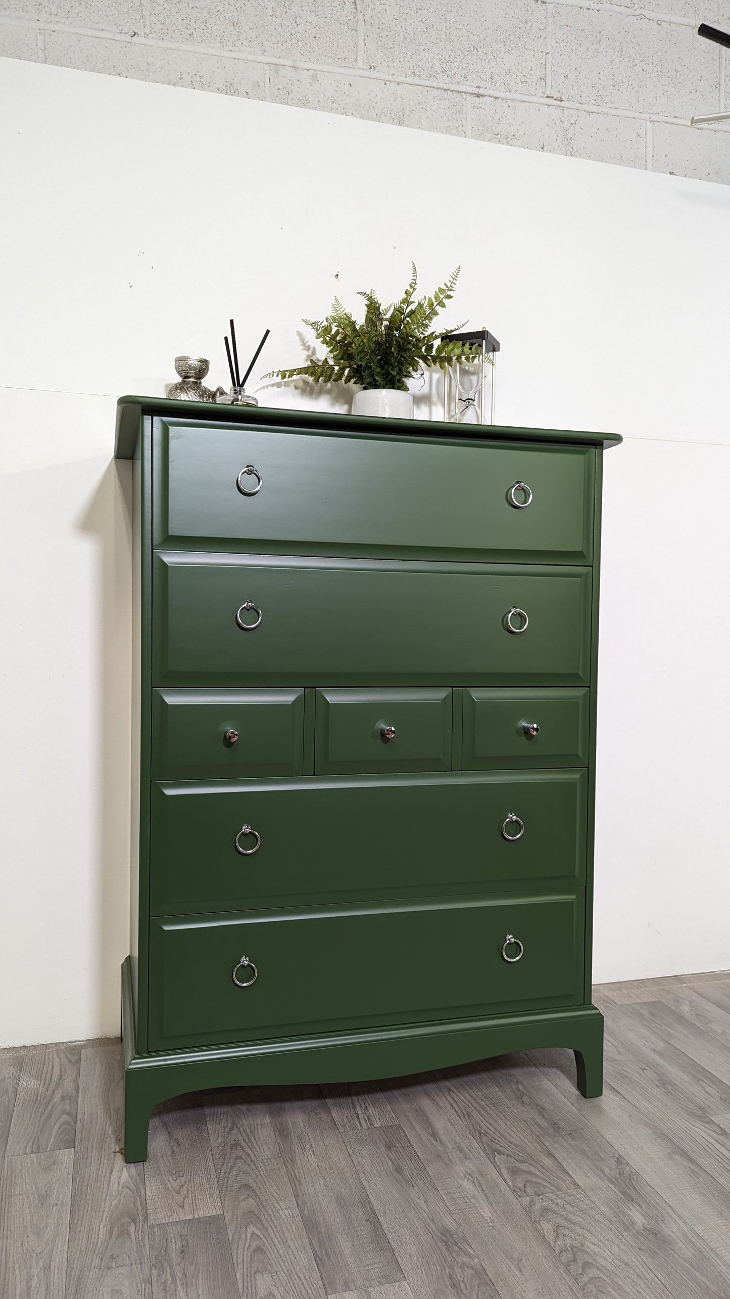 Stag minstrel white tallboy 7 drawer chest of drawers, professionally sprayed green