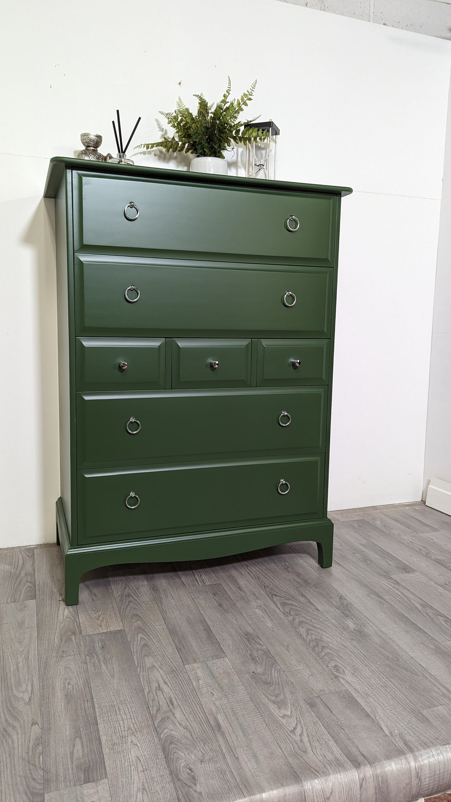 Stag minstrel white tallboy 7 drawer chest of drawers, professionally sprayed green