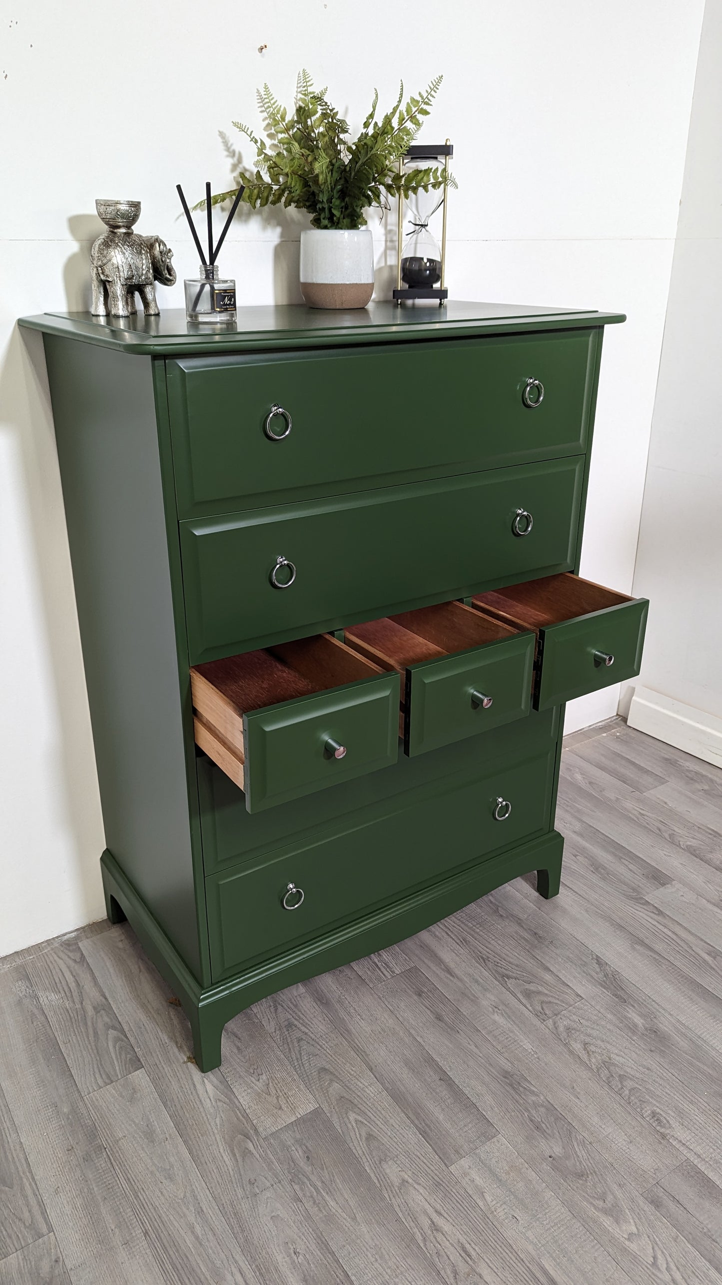 Stag minstrel white tallboy 7 drawer chest of drawers, professionally sprayed green