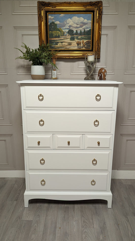 Stag minstrel white tallboy 7 drawer chest of drawers, professionally sprayed white furniture.