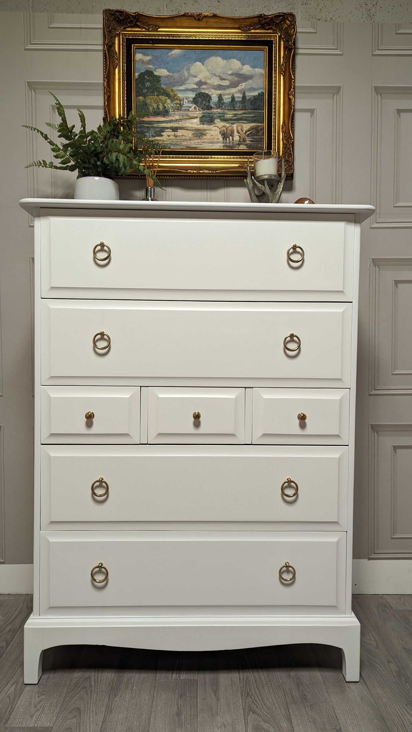 Stag minstrel white tallboy 7 drawer chest of drawers, professionally sprayed white furniture.