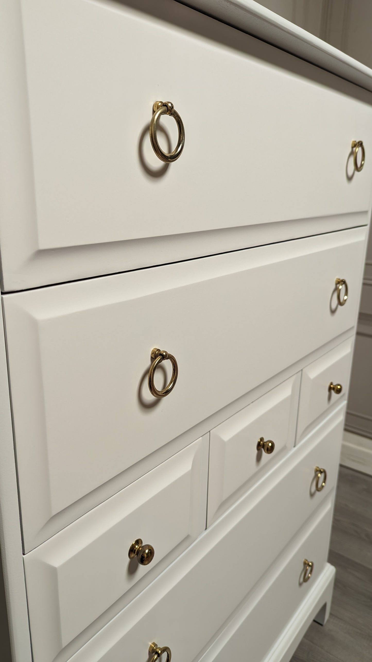 Stag minstrel white tallboy 7 drawer chest of drawers, professionally sprayed white furniture.