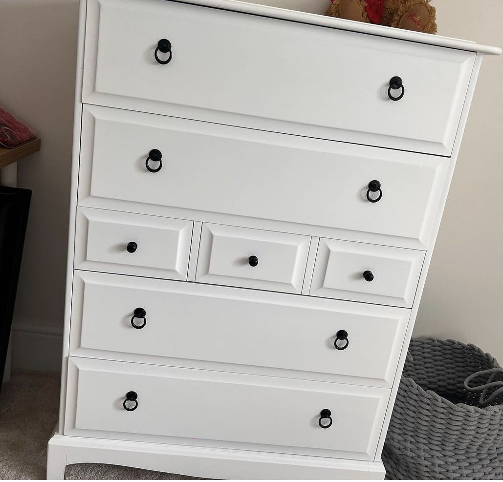 Stag minstrel white tallboy 7 drawer chest of drawers, professionally sprayed white furniture.