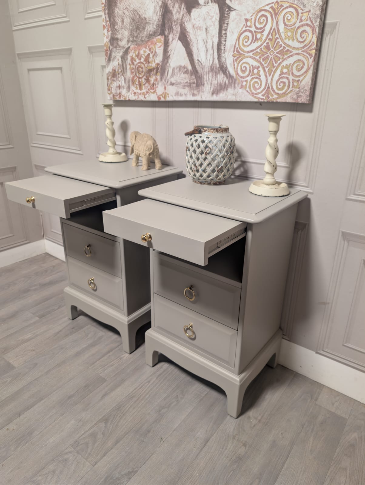 Made to order Slim Stag Minstrel Bedside Cabinets with Tea Tray