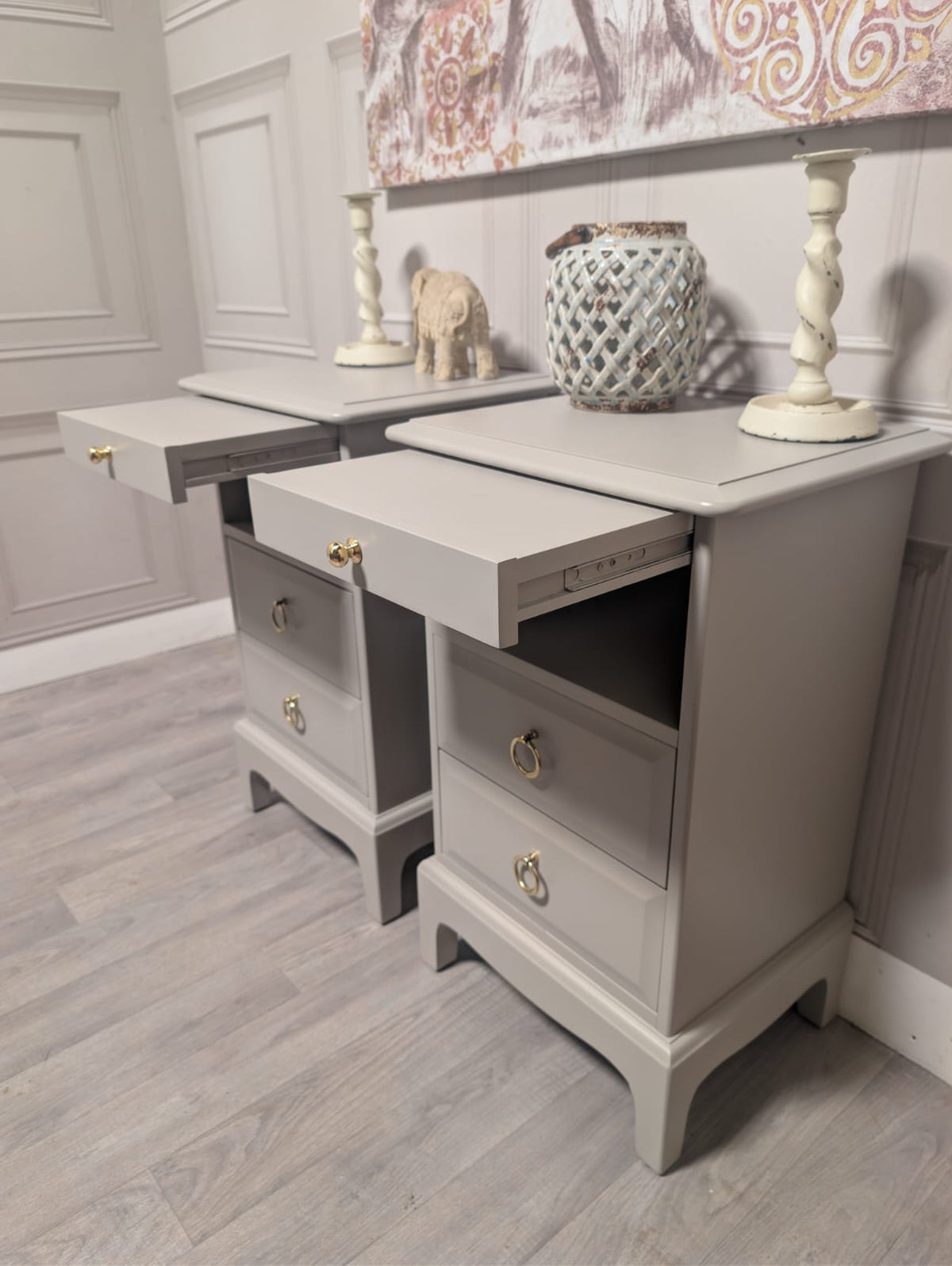 Made to order Slim Stag Minstrel Bedside Cabinets with Tea Tray