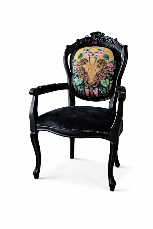 Louis style statement chair, botanical leopard print. Eclectic, maximalist. Sprayed black.
