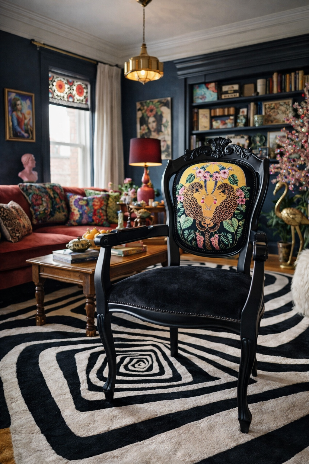 Louis style statement chair, botanical leopard print. Eclectic, maximalist. Sprayed black.
