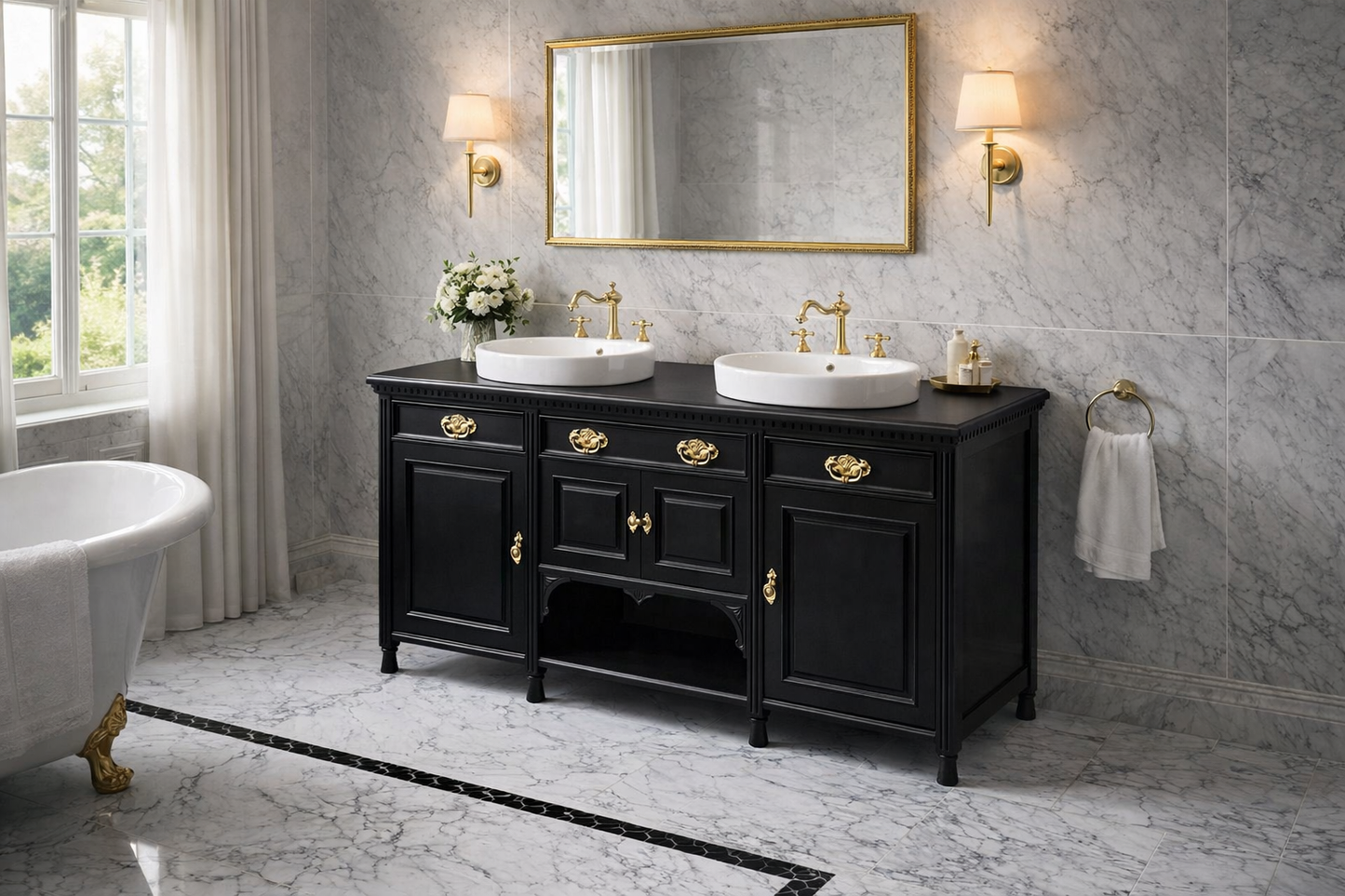 🖤 Black & Gold Double Vanity Unit with Twin Basins
