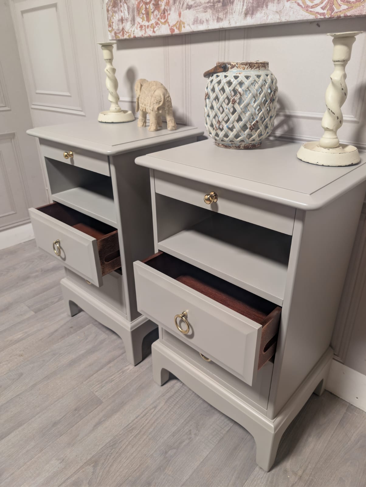 Made to order Slim Stag Minstrel Bedside Cabinets with Tea Tray