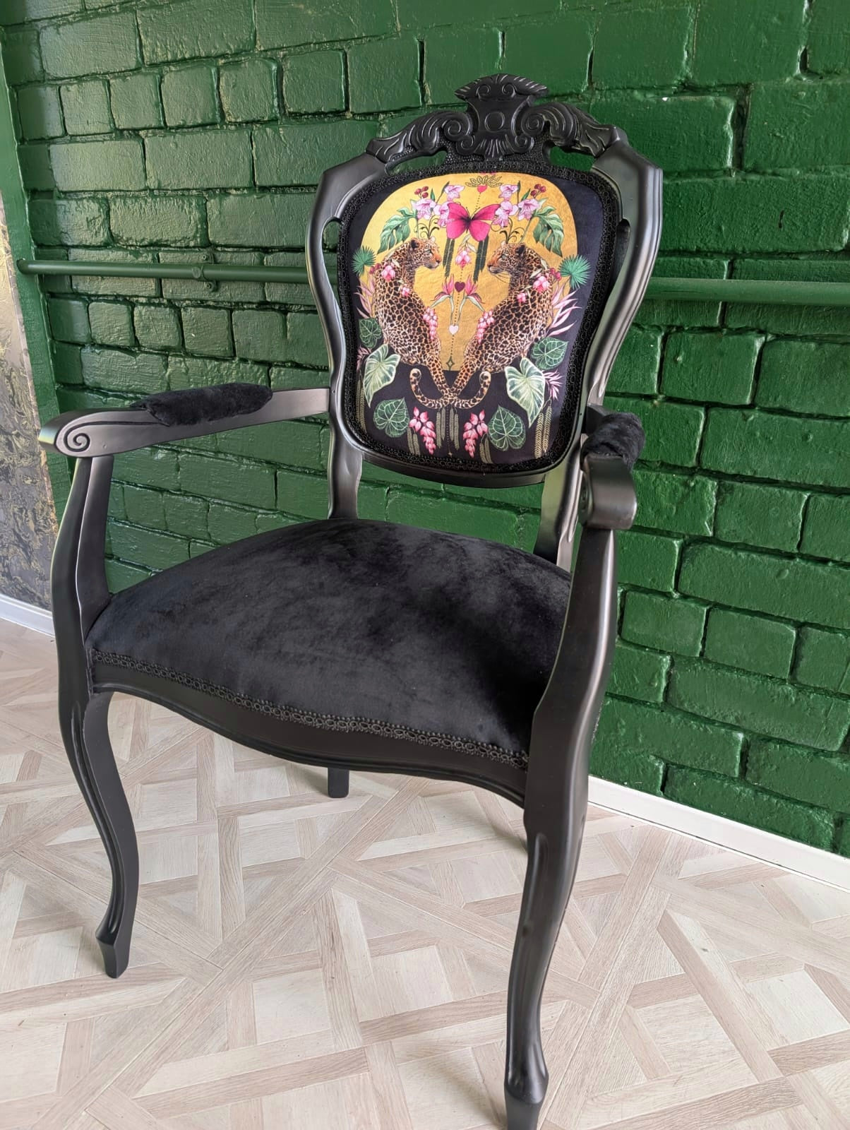 Louis style statement chair, botanical leopard print. Eclectic, maximalist. Sprayed black.