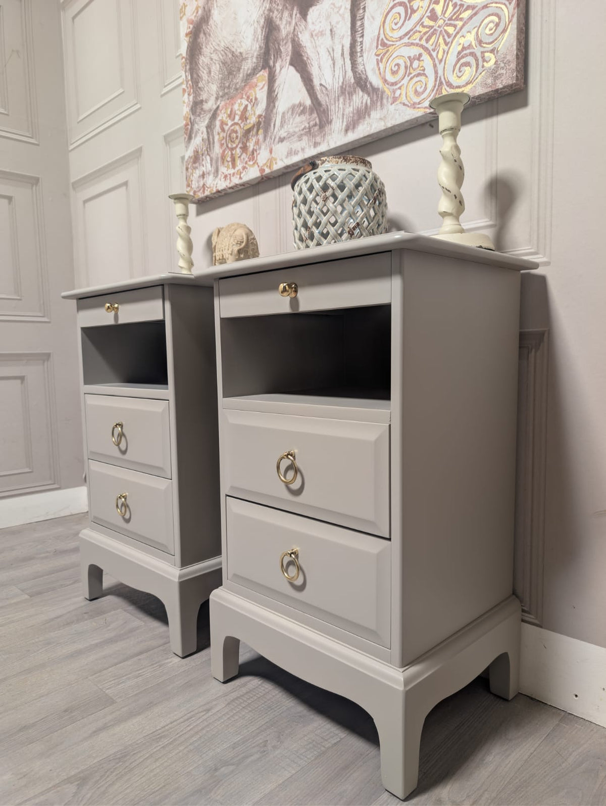 Made to order Slim Stag Minstrel Bedside Cabinets with Tea Tray