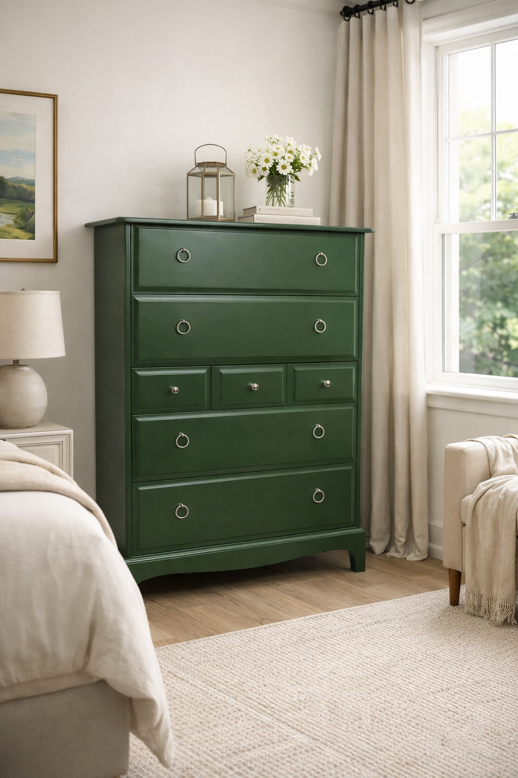 Stag minstrel white tallboy 7 drawer chest of drawers, professionally sprayed green